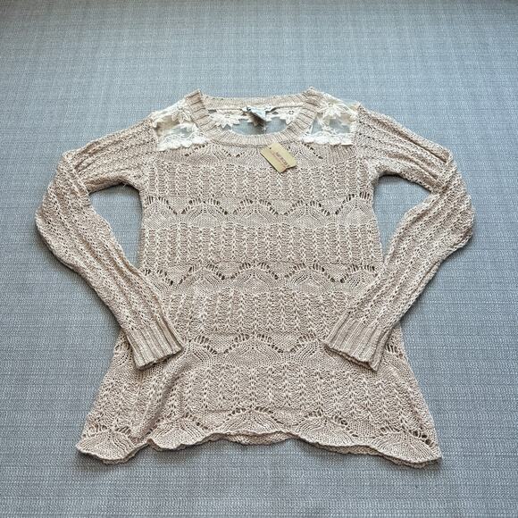 Fairycore Sweater Womens XS Tan Dainty Romantic Floral‎ Open Knit Crochet New - Picture 1 of 10